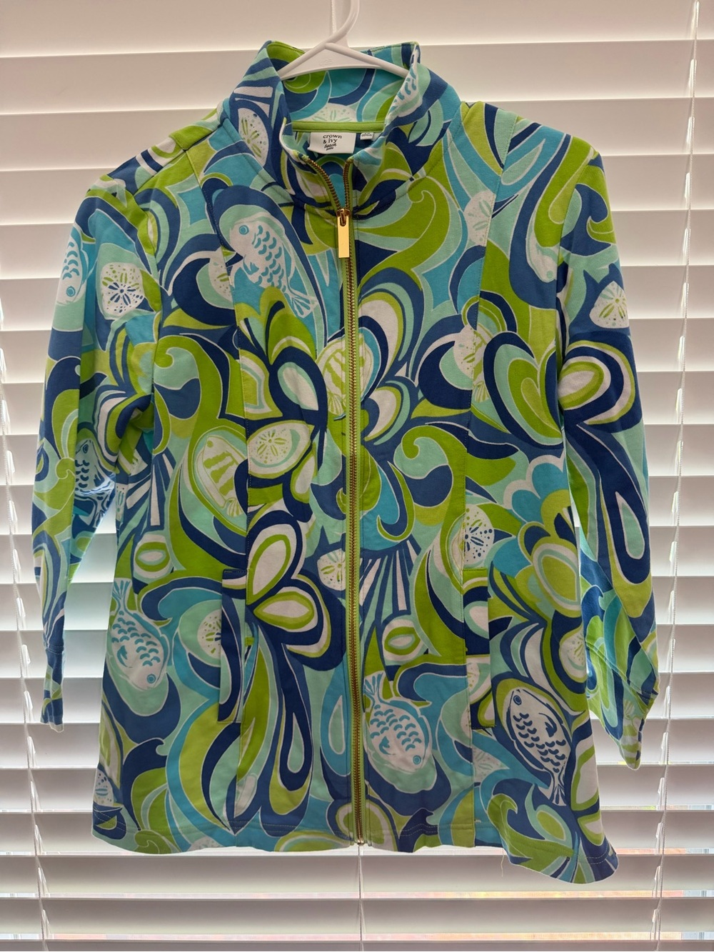 crown & ivy Blue and Green Abstract Zip-Front Bomber Jacket